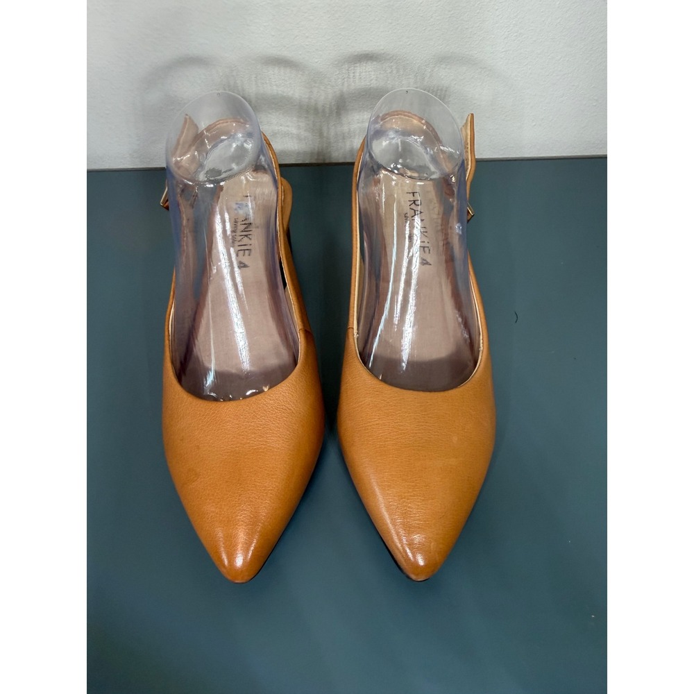 Frankie4 Tan Leather Juilet II Slingback Block Heel Pointed Toe Pumps Tortoise 8